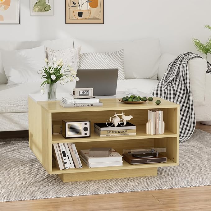 Lift Top Coffee Table with Storage, Fluted Natural Wood Square Center Table with Open Storage, Living Room Central Table w/Large Hidden Space, for Living Room, Bedroom, Home Office