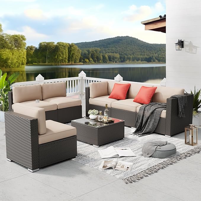 SUNCROWN 7-Piece Outdoor Patio Furniture Sofa Set All-Weather Black Wicker Sectional Conversation Set with Modern Glass Coffee Table and Cushions, Backyard, Garden, Poolside, Brown