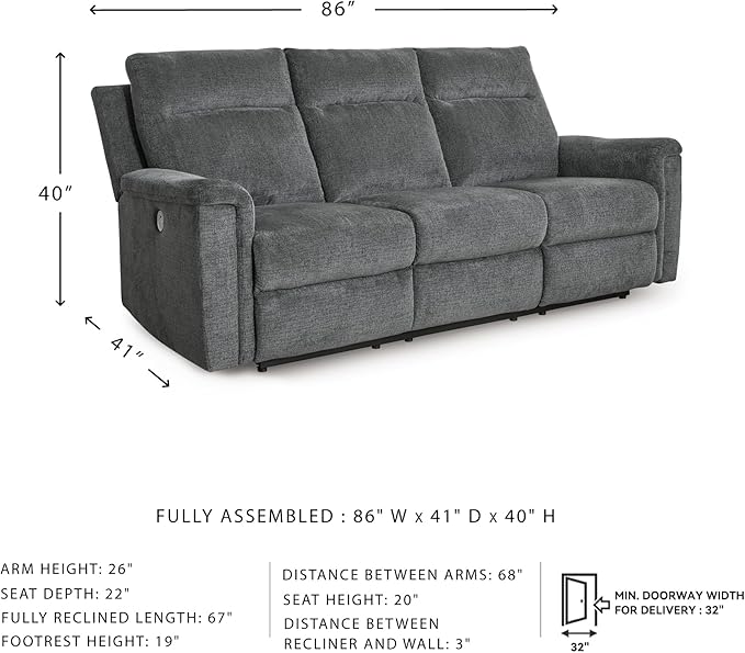 Signature Design by Ashley Barnsana Minimalist Power Reclining Sofa with USB Charging Ports, Gray