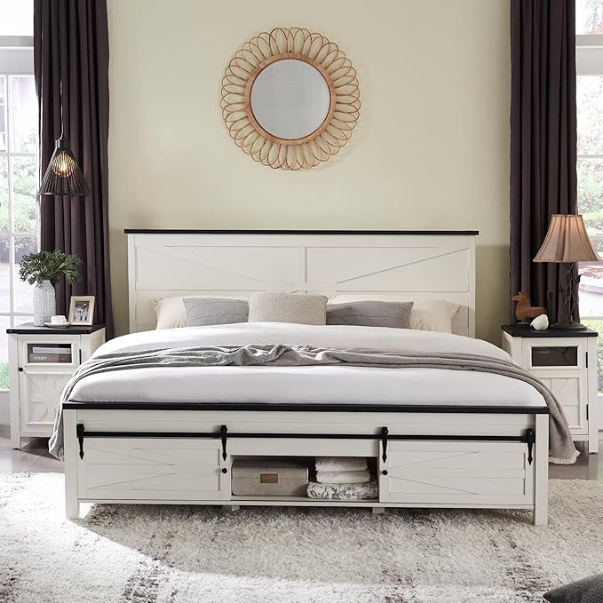 JXQTLINGMU 3 Pieces Farmhouse Bedroom Set-King Size Bed with 2 Nightstands of Sliding Barn Door Storage Cabinets, Solid Wood Slats Support, Noiseless, No Box Spring Needed, Off White