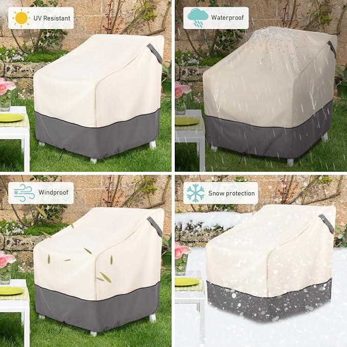 Waterproof Patio Furniture Chair Covers 2-Pack, Heavy Duty 600D Oxford Outdoor Protector for Deep Seat Chairs, UV & Wind Resistant All-Season Protection, 32"W x 37"D x 36"H (Beige/Grey) - Image 7