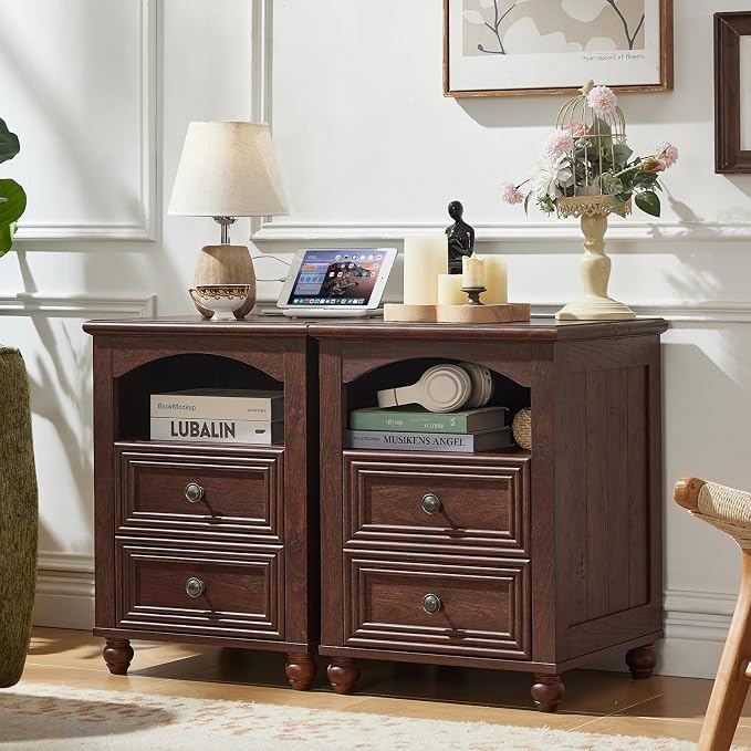 RWYHG 18" Farmhouse Night Stand Set of 2 with Charging Station, Walnut Wood Nightstand with 2 Drawers, Bedside End Table with Shelf Storage, Bed Side Tables for Bedroom, Living Room, and Closet - Image 5