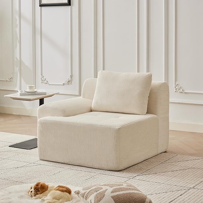 Modular Sectional Sofa with Movable Ottoman, 1 Seat Deep Seat Couch with 1 Pillow, Comfy Cloud Sectional Sofa for Living Room, Bedroom and Apartment (White, 1 Left)