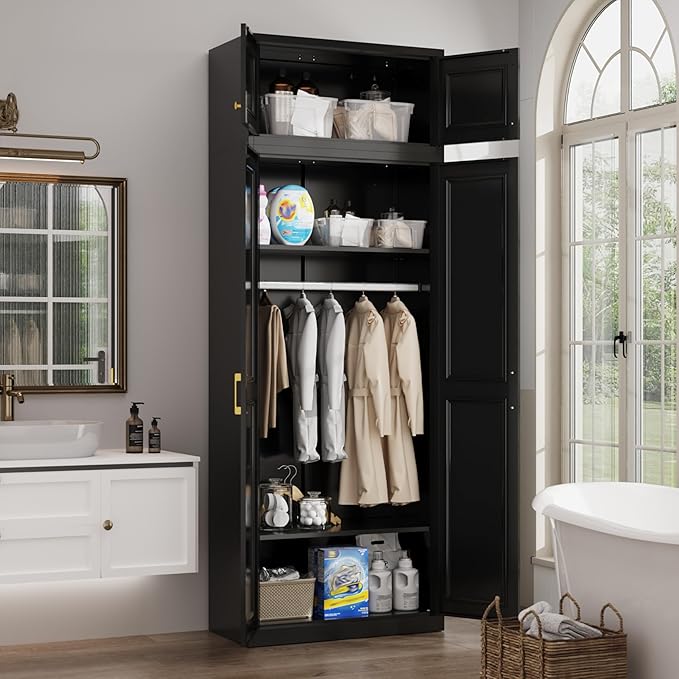 Metal Armoire Wardrobe Closet with Doors, 86" Tall Wardrobe Cabinet, Black Clothing Storage Cabinets with Adjustable Shelves for Bedroom, Home Office
