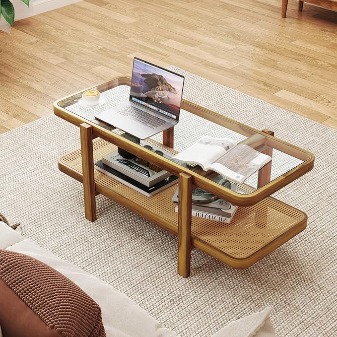Giantex Rattan Coffee Table, 47.5" Rectangle Solid Wood Tea Table w/Tempered Glass Tabletop, Rattan Storage Shelf, 2-Tier Boho Coffee Tables, Farmhouse Center Table for Living Room (Oak)