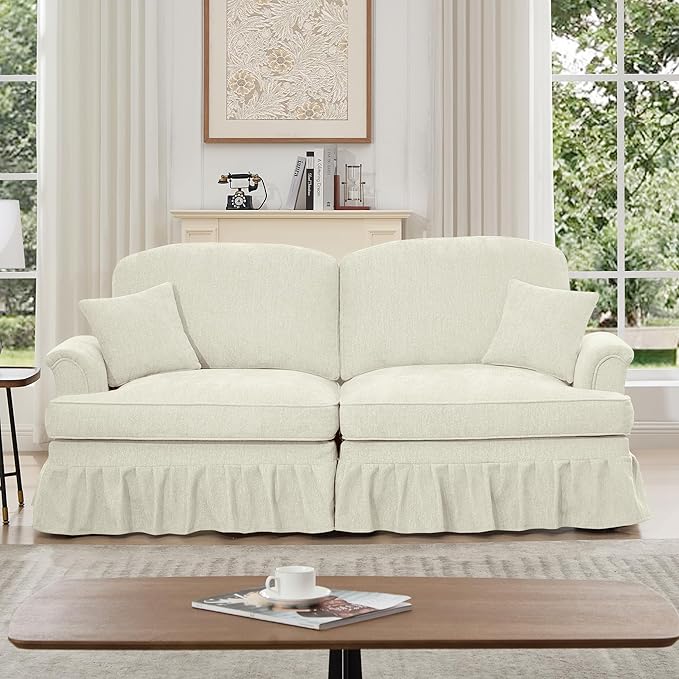 KEIKI Mid Century Modular Sofa with Flared Arms and Skirted Design, 76" Loveseat Chenille Sectional Couches for Living Room, Soft Apartment Size Couch, Home Sofa Bedroom Furniture, Beige White