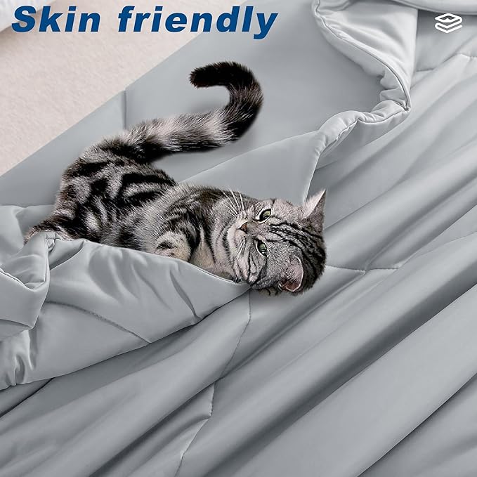 Cooling Comforter Twin Size, Double-Sided Cold Tech Fabric Quilted Bed Comforters Cooling Blanket for Hot Sleepers, Breathable Lightweight Summer Bedding, All-Season Ice Blanket, Light Gray
