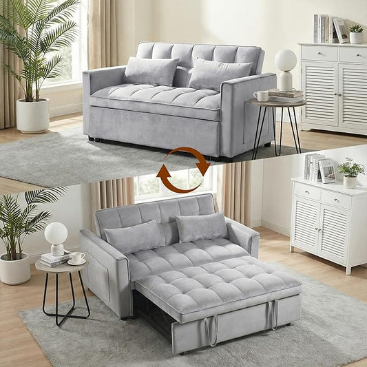 63" Sleeper Sofa with Pull-Out Bed, 3-in-1Folding Convertible Loveseat Sofa Bed with Side Pockets, Adjustable Backrest, Premium Velvet Fabric Futon Couches for Living Room