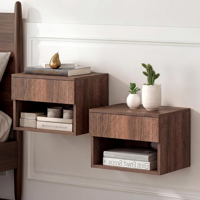JONATHAN Y Ettore 15.71" Mid-Century Modern Floating Wall Mounted Nightstand with Soft-Close Drawer and Cable Hole, Dark Brown (Set of 2) (NST2002A-SET2) - Image 2