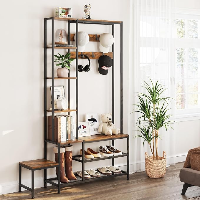Espelism Hall Tree with Shoe Storage Bench Coat Rack with 7 Hooks Interchangeable 4 Tier Side Storage Shelves Small Cute Side Bench Industrial 5-in-1 Entryway Coat Rack for Hallway Mudroom Bedroom - Image 7