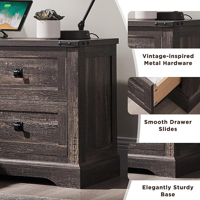 T4TREAM 24" Farmhouse Nightstand with Charging Station Set of 2, Large End Table with 2 Storage Drawers, Rustic Wood Sofa Bedside Table for Bedroom, Dark Rustic Oak - Image 7