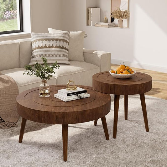 COSIEST Round Coffee Table Set of 2, Nesting Tables with Circle Pattern, Modern End Table for Living Room, Farmhouse, Brown