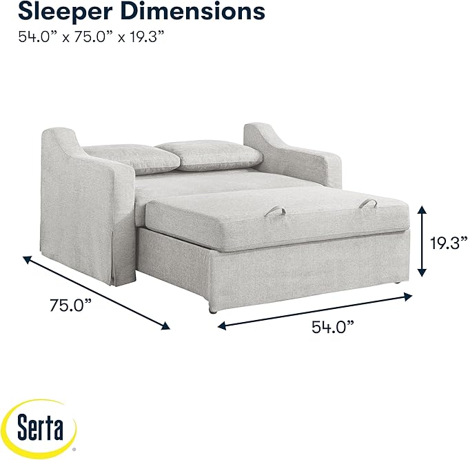 Serta Hawthorne 66.1" Slipcovered Convertible Sleeper Loveseat, Full Size, Dreamcoil Comfort, FingerGuard Pinch Point Protection, Polyester Tweed Fabric, Linen