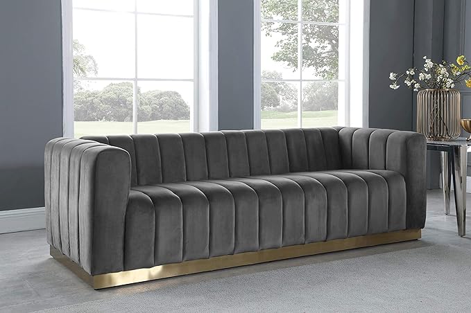 Meridian Furniture 603Grey-S Marlon Collection Modern | Contemporary Velvet Upholstered Sofa with Deep Channel Tufting, Stainless Steel Base in a Brushed Gold Finish, Grey, 86.5" W x 34" D x 28" H