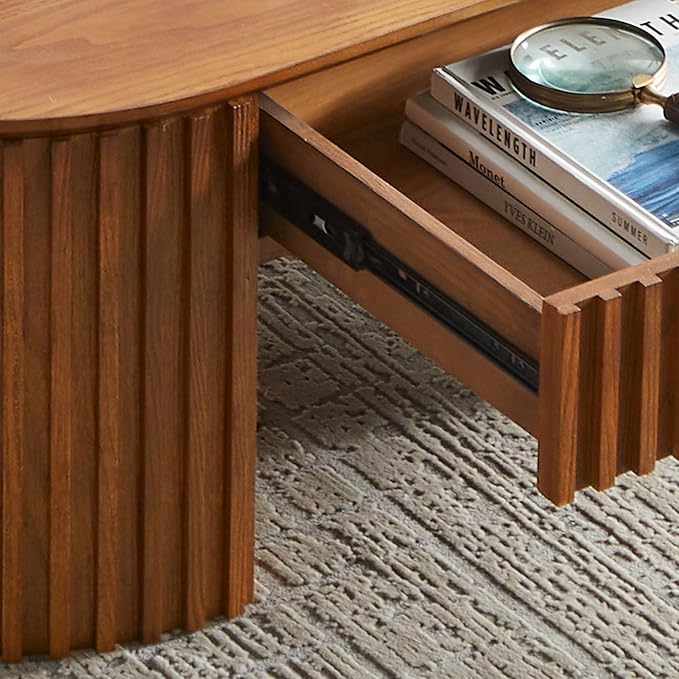 51.18'' Oval Coffee Table for Living Room Fluted Center Table with Drawer, Mid Century Modern Coffee Tables, Easy Assembly for Office Storage Tea Table Brown