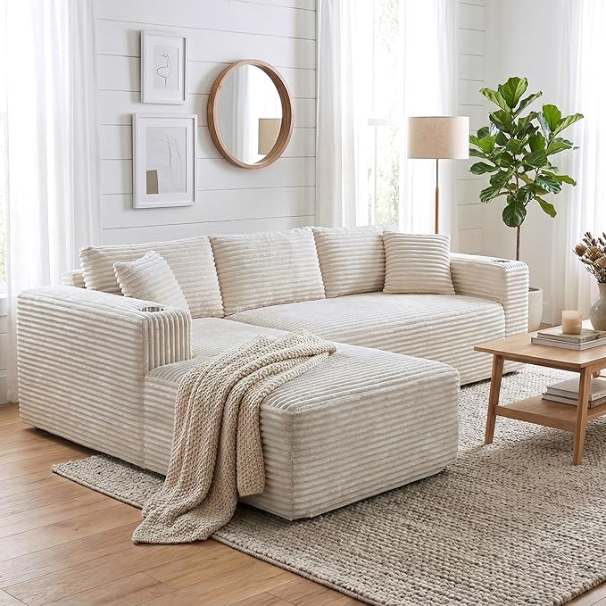Shintenchi Boneless Couches for Living Room,Modular Sectional Sofa with 2 Cup Holders,Memory Foam Cloud Couch with L Shaped Oversized Chaise,No Assembly Needed Plush Corduroy Sofa,White