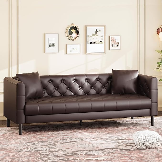 GarveeHome 81 in Leather Couch for Living Room, Modern Sofa Couch with Deep Seat and 2 Pillows, Handmade Button Tufted 3 Seater Sofa, Leather Sofa for Apartment, Office, Dark Brown