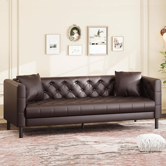 GarveeHome 81 in Leather Couch for Living Room, Modern Sofa Couch with Deep Seat and 2 Pillows, Handmade Button Tufted 3 Seater Sofa, Leather Sofa for Apartment, Office, Dark Brown