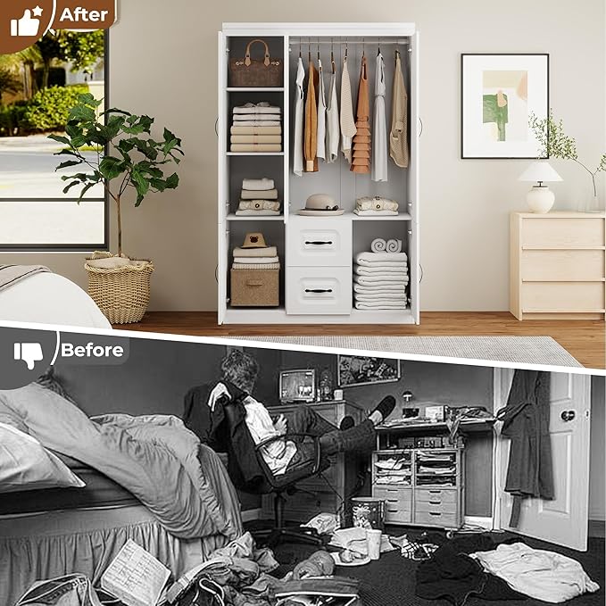 Armoire Wardrobe Closet with 2 Doors, White Cabinet with 2 Drawers and Clothes Storage Organizer, Modern Style with Hanging Rod Shleves Suitable for Bedroom(47.24" W x 20.47" D x 70.87" H)