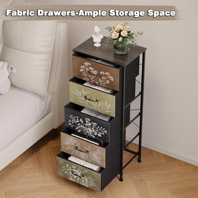 Tohomeor Vintage Dresser Vertical Nightstand with Neutral Botanical Plant Fabric Chest Drawers for Closet Bathroom Storage Tower Unit Bed Side Organizer Farmhouse Rustic (Multi, 5 Drawers) - Image 5