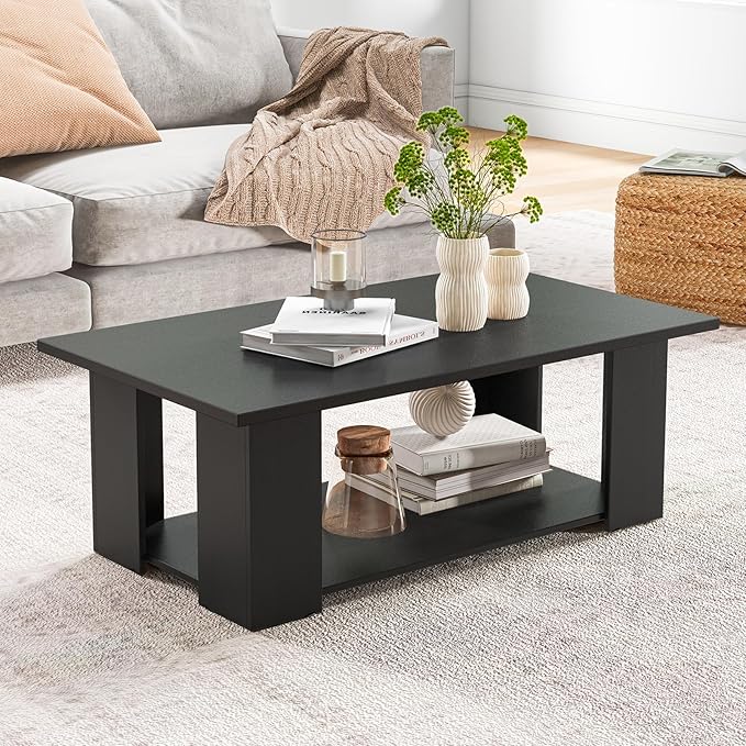 Giantex Rectangle Wood Center Table, 41 Inch 2-Tier Large Modern Tea Table w/Open Compartment, Easy Assembly, Accent Coffee Table for Living Room, Reception Room, Black