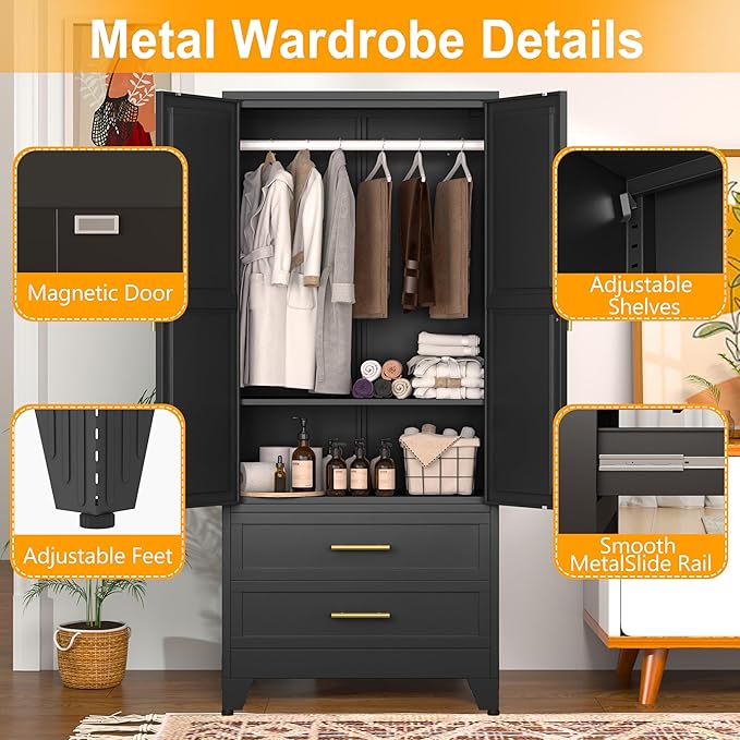 Ckzbx 71" H Metal Armoire Wardrobe Closet with 2 Drawers, Adjustable Shelve, Clothes Drying Pole, Steel Wardrobe Cabinet for Bedroom (Black)