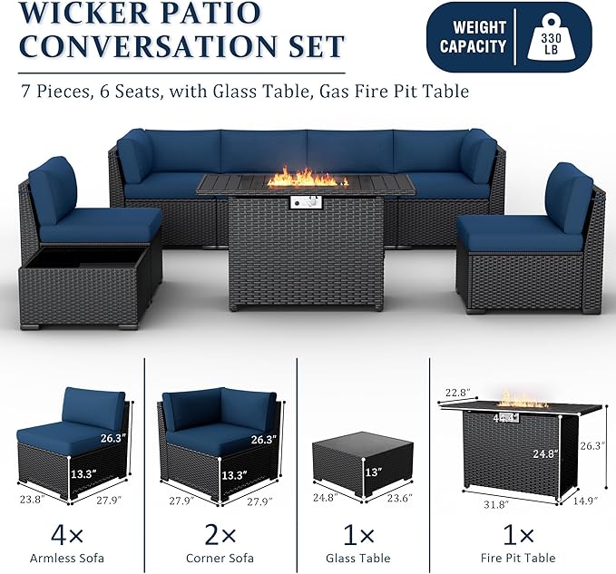 8 Pieces Outdoor Patio Furniture Set with 44" Fire Pit Table Black Rattan Sectional Conversation Sets w/Gas Fire Pit, Coffee Table, 1 Waterproof Covers, Navy Blue