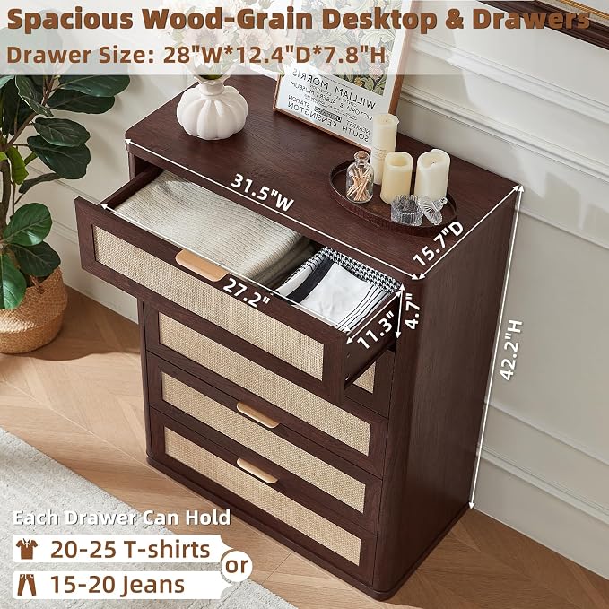 LEYAOYAO Rattan Dresser for Bedroom Set 2, 41" Tall Chest of Drawers, Modern 5 Drawers Boho Dressers with Storage, Light Oak Dresser Wooden Closet Organizer for Living Room, Hallway, Retro Walnut - Image 2