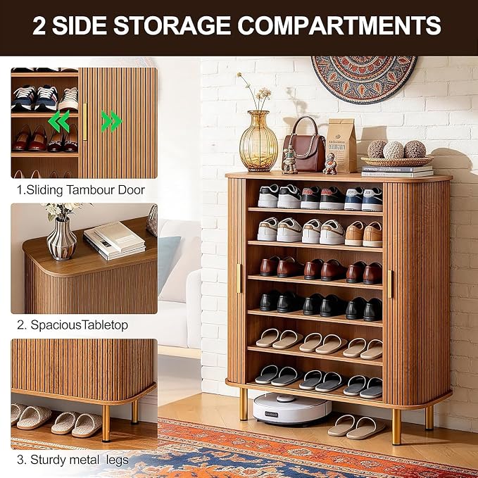 Shoe Cabinet Storage for Entryway: 6-Tier Shoe Cabinet with Adjustable Shelves & Sliding Doors, Mid-Century Modern Freestanding Shoe Storage Organizer for Entryway, Hallway, Living Room - Image 4