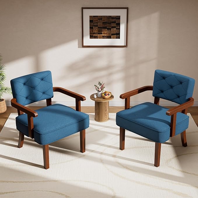 Modern Accent Chairs Set of 2,Butacas para Sala,Mid Century Small Arm Chair,Upholstered Wooden Chairs with Arm Rest,Tufted Backrest,Cushion, for Office,Waiting/Reading/Living Room, Navy Blue