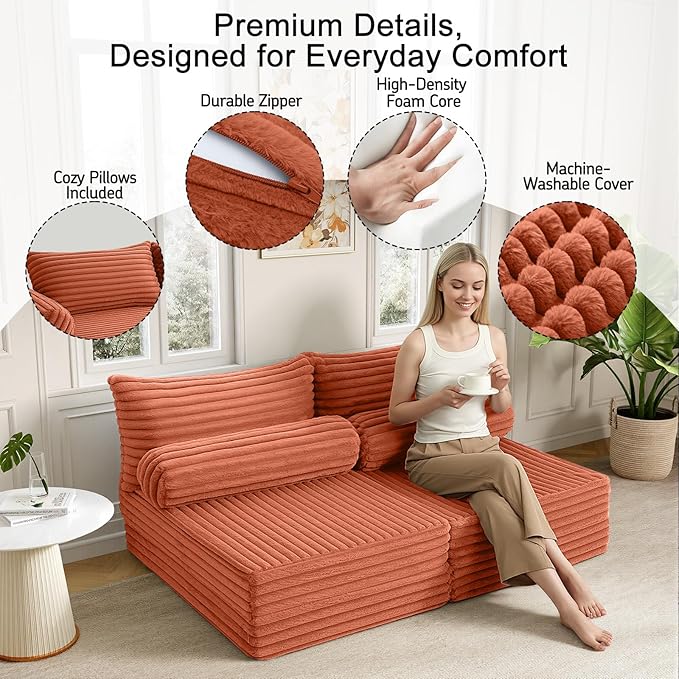 MeMoreCool Convertible Sofa Bed, Folding Floor Couch Bed Queen, Pull Out Sleeper Couch with Pillows, Fold Out Futon Sofa for Bedroom Living Room Small Space, Corduroy Orange