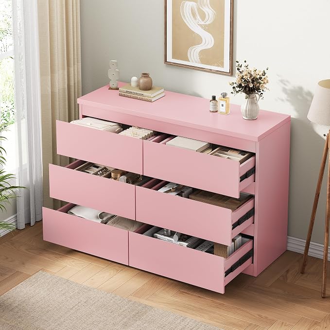 Jocoevol Modern Pink 6 Drawer Dresser - Simply Chest of Drawers for Bedroom, Closet, Living Room, Hallway, Entryway, Wood Storage Double Dresser with Smooth Metal Rails - Pink - Image 6