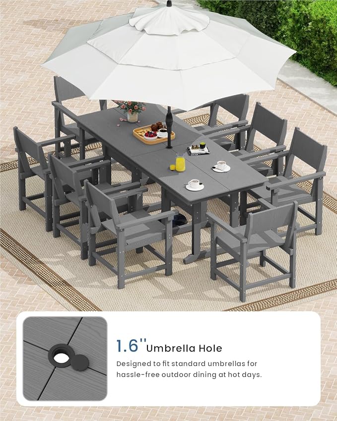 9-Piece Outdoor Dining Set, HDPE Weatherproof Patio Table and Chairs Set for 8, Outdoor Patio Furniture Sets with Umbrella Hole for Outside, Deck, Backyard, Garden (Grey) - Image 4