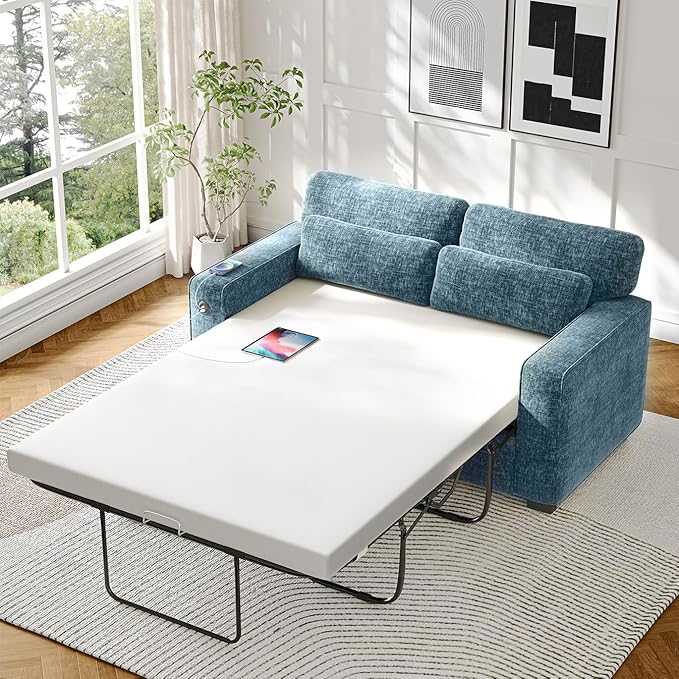 Marsail Pull Out Sofa Bed, Queen Size Sleeper Sofa with Memory Foam Mattress, 2 USB Charging and Removable Covers, Loveseat for Living Room, Apartment, Supports 600 LBS, Chenille Fabric, Blue