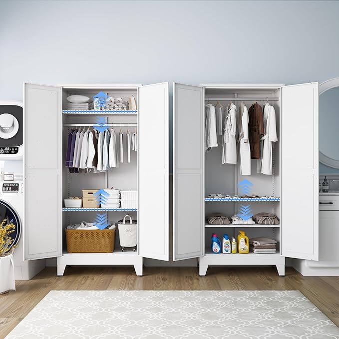 Steel Armoire Wardrobe Closet with 2 Doors and 2 Shelves, 71" H Freestanding Wardrobe Cabinet, Large Closet with Hanging Rod, White Metal Closets, Bedroom Armoire for Bedroom, Office