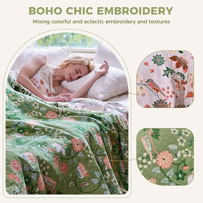 Boho Throw Blanket for Bed 100% Cotton Soft Lightweight Quilt Room Decor Green Spring Bed Blankets,Floral Garden Embroidery Reversible All Season Twin Blankets for Sofa Couch Chair 60"x80"