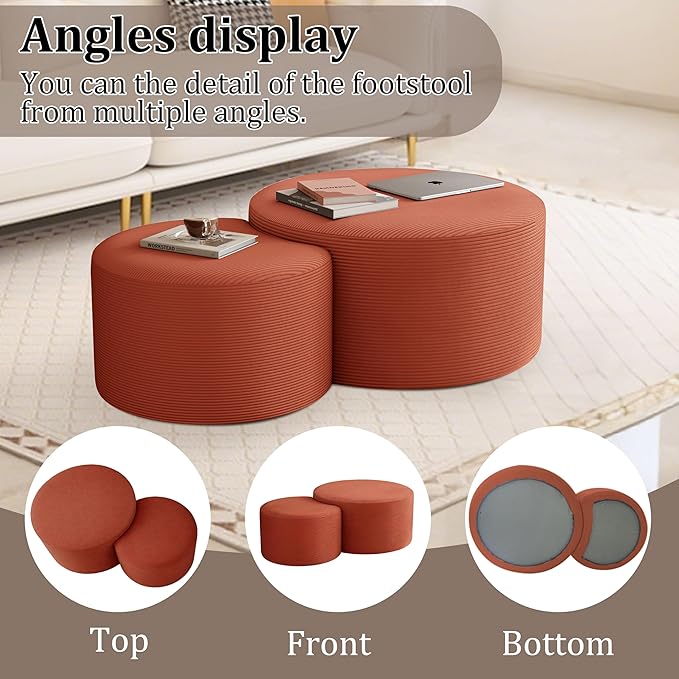 Nesting Coffee Table Set of 2, Upholstered Round Corduroy Circle Foam Round Side Table for Living Room, Entryway Set, 32"+17" Footrest No Assembly (Orange, 32"+17")