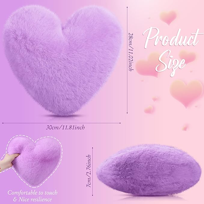 Marsui 2 Pcs Heart Throw Pillows, Soft Fluffy Faux Fur Decorative Hearts Shaped Pillows for Living Room Sofa Bed, Cute Heart Themed Gift for Women(Purple,11.81 x 11.02 Inch)
