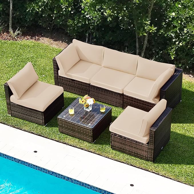 Tangkula 6 Pieces Patio Furniture Set, Outdoor Wicker Conversation Set with Glass Coffee Table, Wicker Sofa Set with Back & Seat Cushions, Rattan Sectional Conversation Set for Backyard Garden