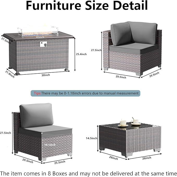 15 Pieces Outdoor Patio Furniture Set,Outdoor Sectional Furniture with 43" 55000 BTU Gas Propane Fire Pit Table,All Weather PE Rattan Wicker Patio Conversation Set,Grey
