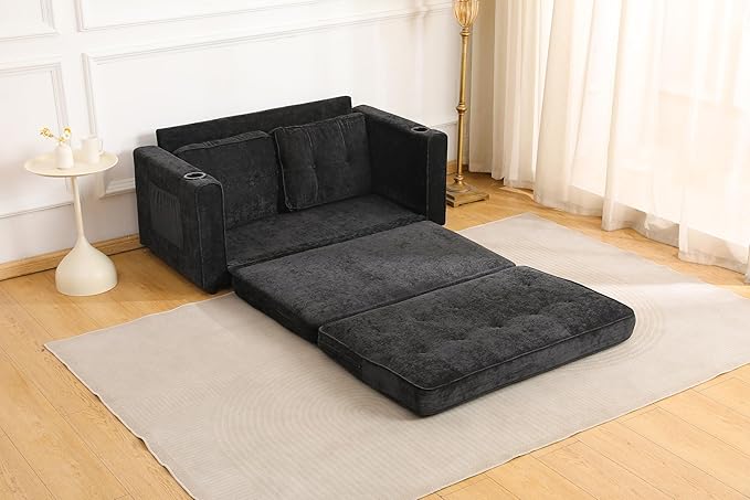 ERYE Foldable Loveseat Sofa Convertible Pull Out Sleeper Sofabed,2 Seat Tufted Upholstered Sofa Modern Convertible Sleeper Couch Bed with Cupholders and Side Pockets