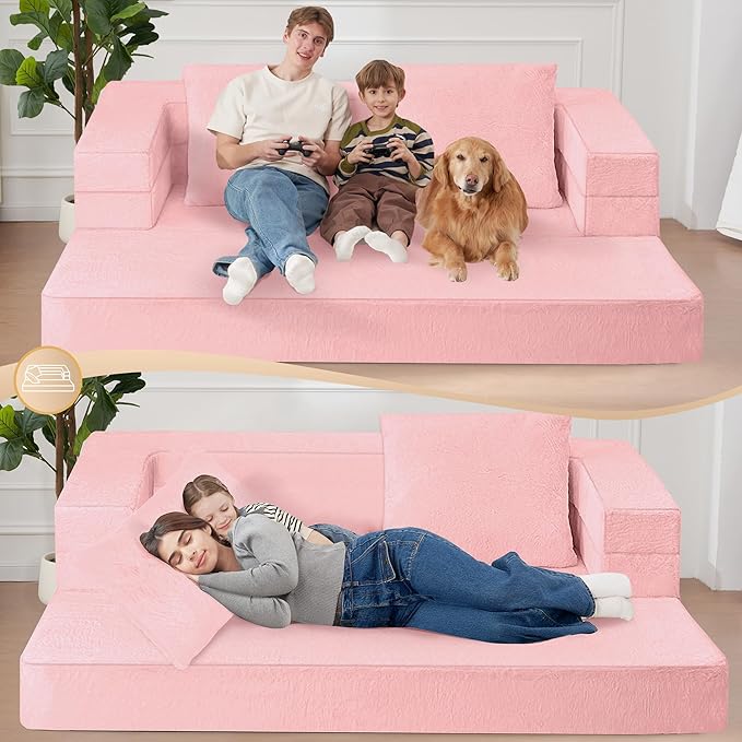 Futon Sofa Bed with Pillow, 3-in-1 Sleeper Sofa Bed with Removable Cover, Convertible Floor Sofa Bed, No Assembly Boneless Couch for Living Room, Bedroom