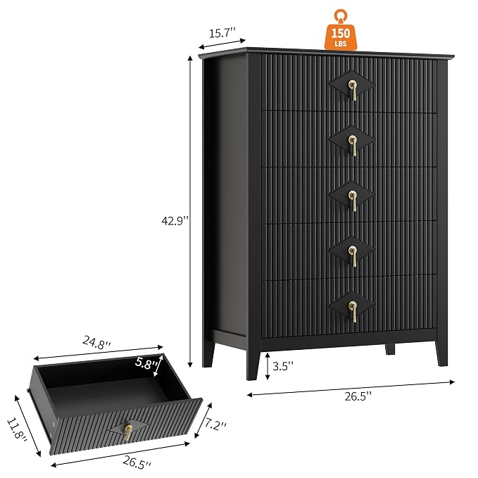 GarveeHome Fluted Dresser for Bedroom, 42.9" Tall 5-Drawer Wood Dresser, Modern Chest of Drawers, Storage Organizer Cabinet for Living Room, Hallway, Entryway, Black - Image 2