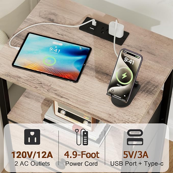 LOAKEKEL Night Stand with Charging Station, Small Bedside Table with 2 Fabric Drawers, Nightstand with USB Ports & Outlets for Bedroom, Grey, HETS020GY-1 - Image 4