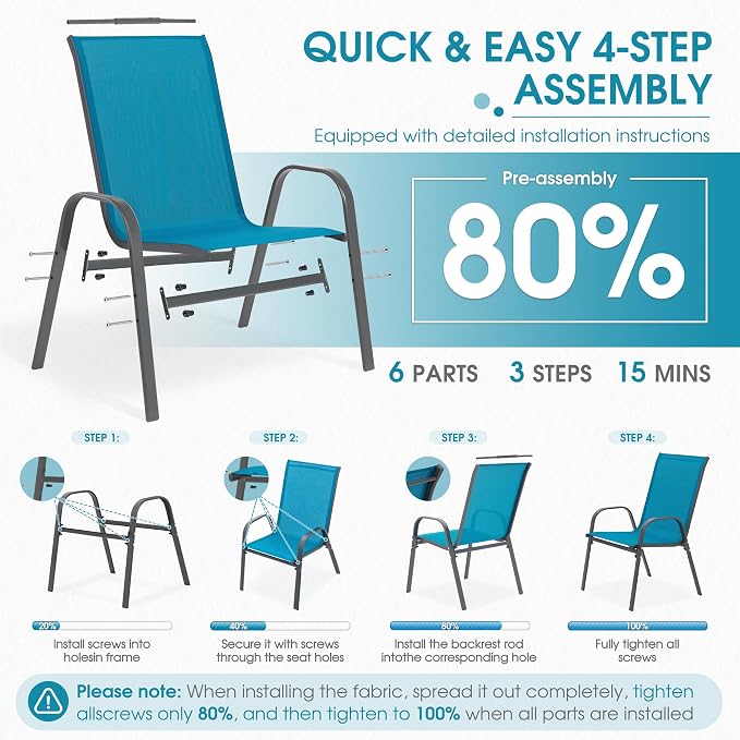Outdoor Stackable Chairs Set of 8, Stacking Patio Chairs with Textilene Fabric, Outside Furniture for Garden Backyard Balconie Poolside Deck, Blue - Image 6