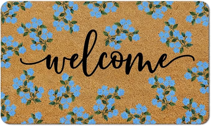 Blue Hydrangea Floral Welcome Mat, Cottagecore Blue Flower Faux Coir Door Mat Doormat for Front Door Indoor Outdoor Porch Entrance Entryway Outside Inside, 17x30 Inches by MKIJUHB