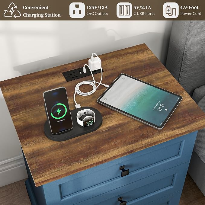 Night Stand with Charging Station, Bedside Table with 2 Drawers Storage and Open Shelf, Nightstand with Outlets for Bedroom Office (1, Blue) - Image 4