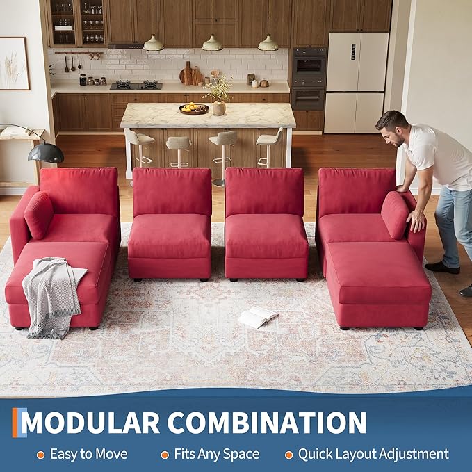 IDEALHOUSE 135.5" Modular Sectional Sofa, 6 Seater Sectional Couch, U-Shape Modern Sofa with Ottoman, Deep Seat, Oversized Convertible Modular Couch for Living Room Apartment Office, Chenille, Red