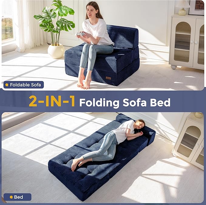 MAXYOYO 8" Folding Sofa Bed, Convertible Sleeper Sofa Lounger Foldable Mattress, Wedge Shape Floor Couch Tufted Fold Out Chair Bed Comfy Floor Couch Lounge for Living Room Bedroom, Single, Navy