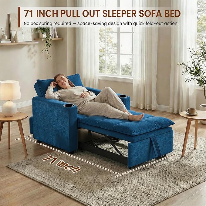 Casaphoria Convertible Sleeper Chair 66.54" Futon Sofa Bed Single Sleeper Sofa Small Couch Bed with Adjustable Backrest for College Dorm Bedroom Studio Apartment